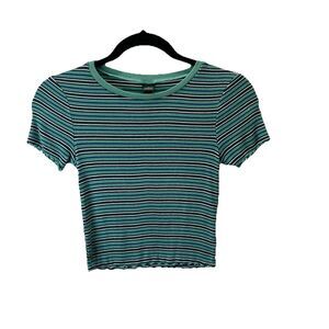 Wild Fable Striped Teal Green Lettuce Hem Short Sleeve Crop Top Womens Size XS